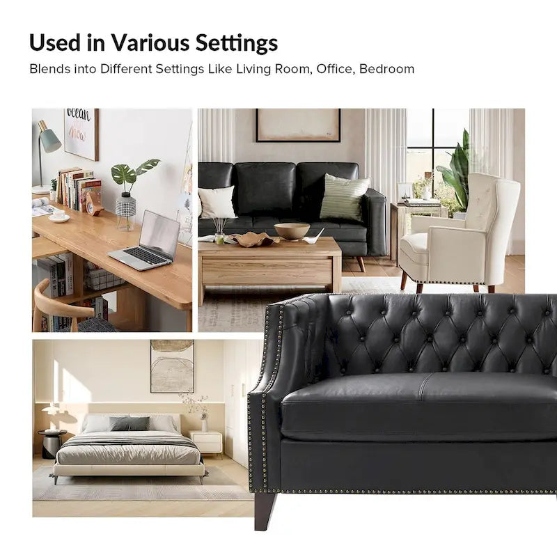 Canapé Chesterfield en cuir véritable avec capitonnage, clous décoratifs et pieds en bois massif