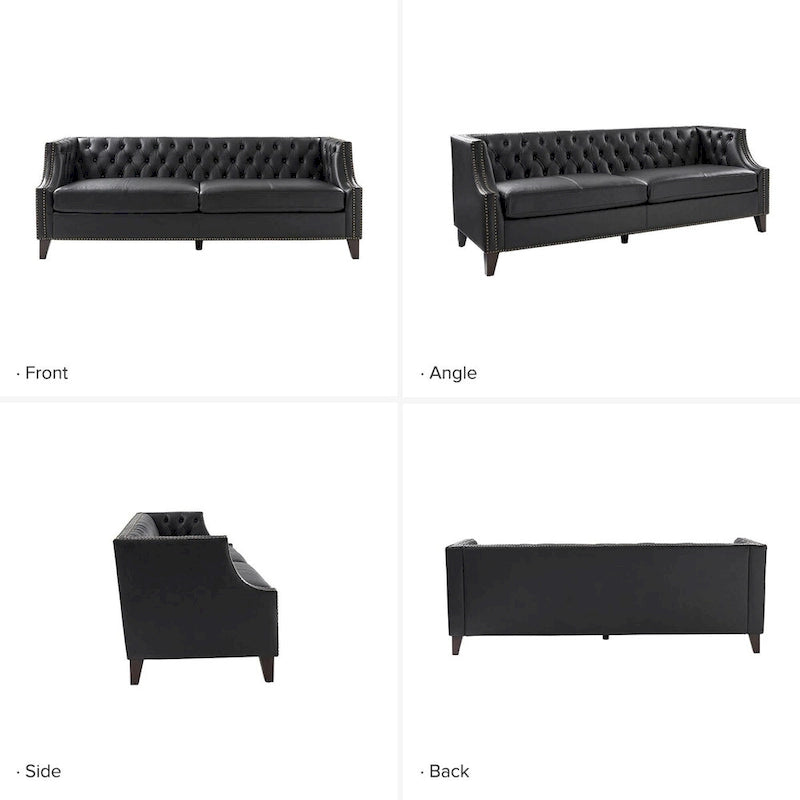 Canapé Chesterfield en cuir véritable avec capitonnage, clous décoratifs et pieds en bois massif