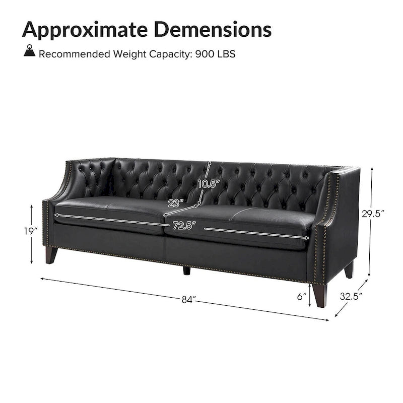 Canapé Chesterfield en cuir véritable avec capitonnage, clous décoratifs et pieds en bois massif