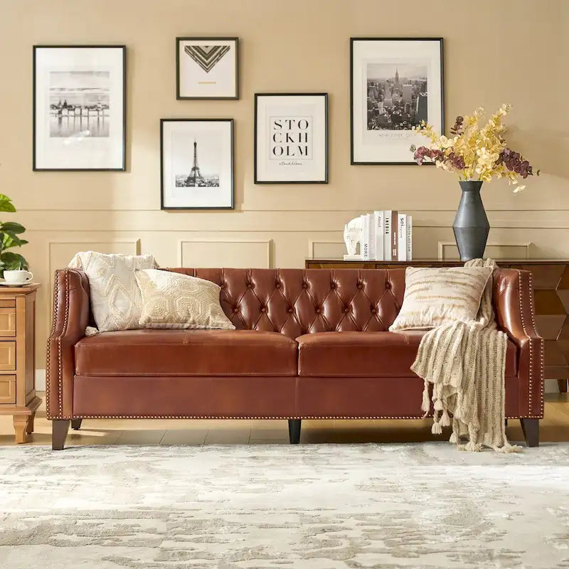 Canapé Chesterfield en cuir véritable avec capitonnage, clous décoratifs et pieds en bois massif