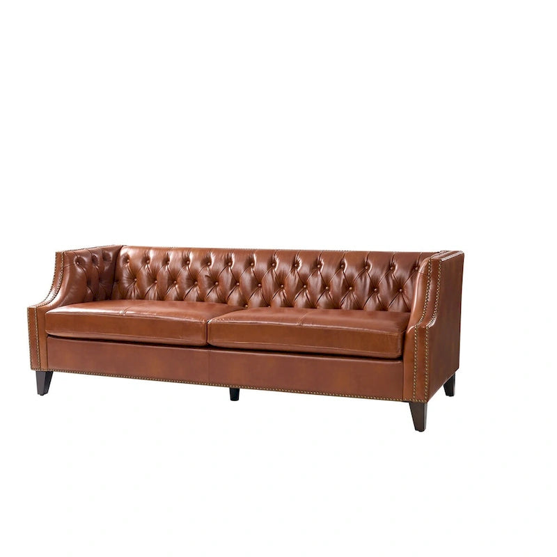 Canapé Chesterfield en cuir véritable avec capitonnage, clous décoratifs et pieds en bois massif