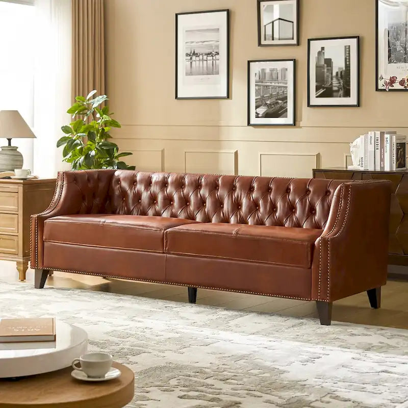 Canapé Chesterfield en cuir véritable avec capitonnage, clous décoratifs et pieds en bois massif