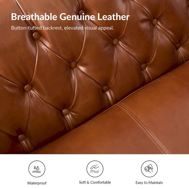 Canapé Chesterfield en cuir véritable avec capitonnage, clous décoratifs et pieds en bois massif