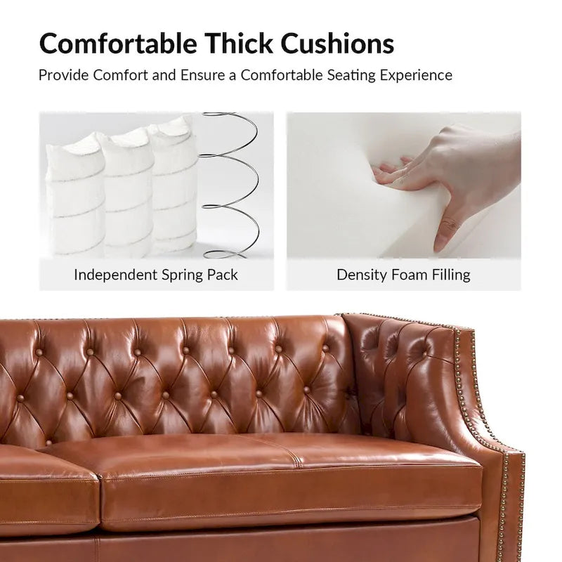 Canapé Chesterfield en cuir véritable avec capitonnage, clous décoratifs et pieds en bois massif