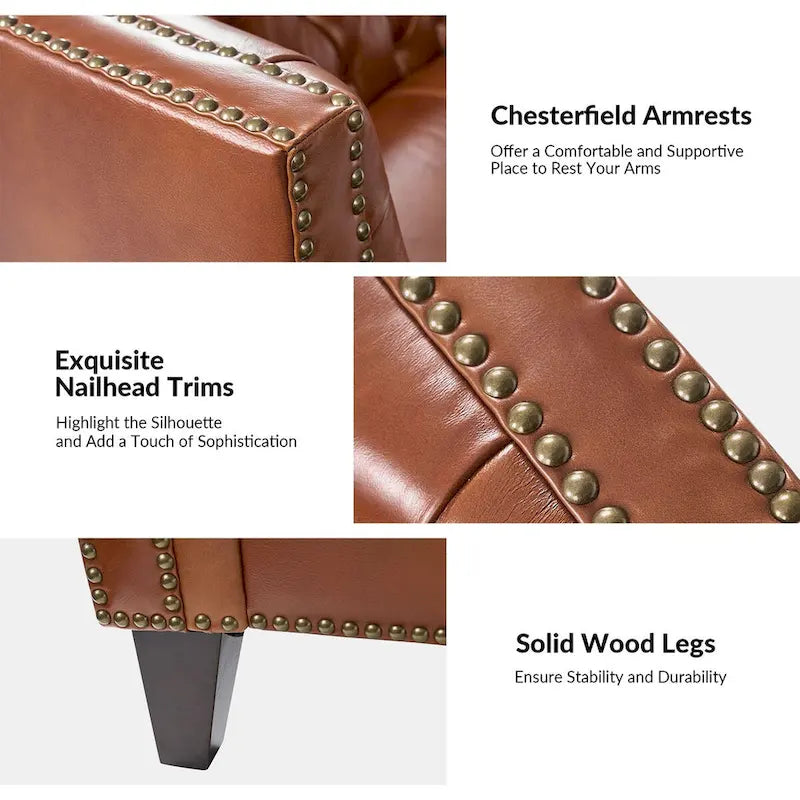 Canapé Chesterfield en cuir véritable avec capitonnage, clous décoratifs et pieds en bois massif
