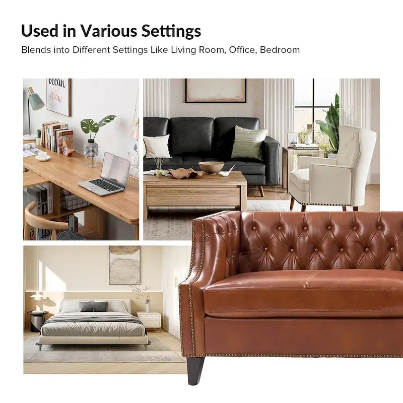 Canapé Chesterfield en cuir véritable avec capitonnage, clous décoratifs et pieds en bois massif