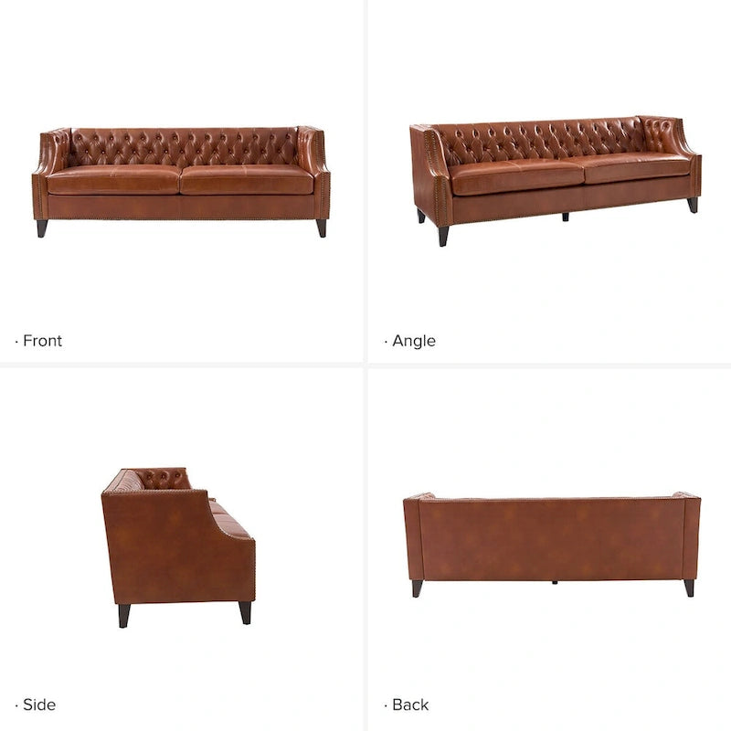 Canapé Chesterfield en cuir véritable avec capitonnage, clous décoratifs et pieds en bois massif
