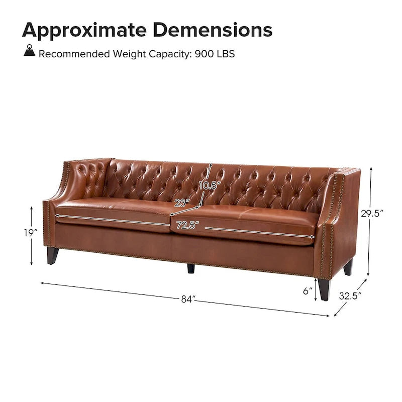 Canapé Chesterfield en cuir véritable avec capitonnage, clous décoratifs et pieds en bois massif